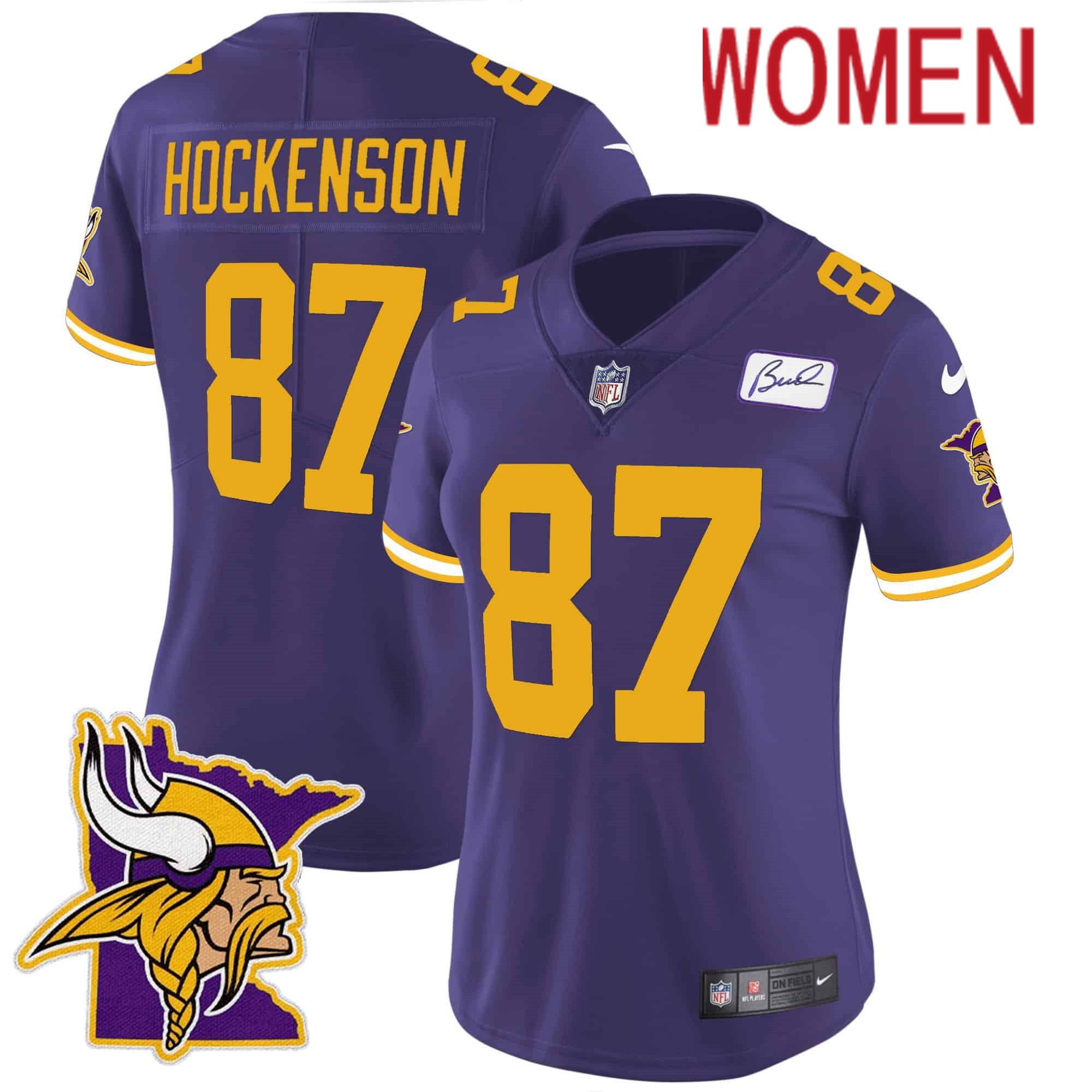 Women Minnesota Vikings #87 Hockenson Purple 2024 Nike Patch Classic Limited NFL Jersey style 2->women nfl jersey->Women Jersey